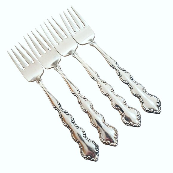 4 Oneida Deluxe Mozart Salad Fork 6.5" scalloped baroque scrolls 80s vtg - Picture 3 of 9